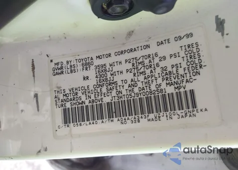 2000 Toyota Land Cruiser from USA, damaged, VIN JT3HT05J9Y0082581